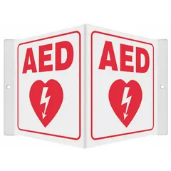 V-shape projection sign for identifying automated external defibrillator (AED) locations. Made of 0.06 in thick PETG with a nominal size of 6 in x 8-1/2 in. Features mounting holes for wall installation. Not retroreflective, not glow-in-the-dark, and has no anti-slip surface.
