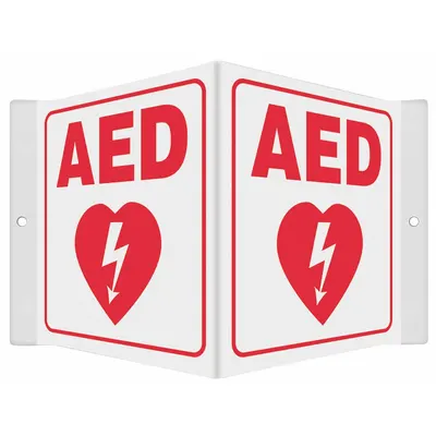 CONDOR Safety Sign: PETG, Mounting Holes Sign Mounting, 6 in x 8 1/2 in Nominal Sign Size - V-Shape Projection AED Signs