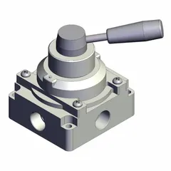 Manual air control valve with lever actuator and side-ported body for two-position operation. Features 1/2 in NPT ports and maximum operating pressure of 1 MPa. Used to start, stop, or redirect compressed air flow in pneumatic systems.