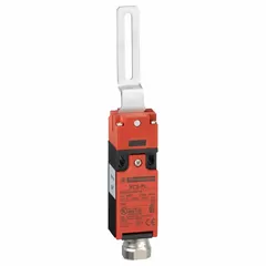 Lever- and roller-actuated safety interlock switch with elbowed actuating key. Features 1NC/1NC contact configuration, straight hinge, and 1/2 in NPT conduit terminal connection. Used to monitor movable guard positions on industrial machinery.
