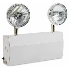Steel emergency light with white housing, LED technology, 5 W lamp watt, and 32 W emergency watt. Operates on 120/277V AC input, UL 924 rated, Chicago Approved. Features adjustable lamp heads and remote capability. Suitable for egress paths, stairwells, and open areas requiring backup lighting.
