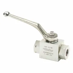 Two-way hydraulic ball valve from the Parker BV Series. Port connection is #6 SAE O-Ring Boss. Ball seal is Delrin; shaft seal is fluorocarbon. Handle length is 4.53 inches and is not lockable. Used for on/off flow control in hydraulic systems.