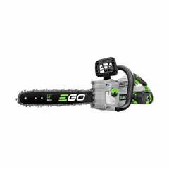 The EGO CS1610 is a 56 V battery-powered chainsaw with a 16-inch bar length and rear handle design. It features an automatic chain oiler and delivers 40 cc equivalent performance for cutting and pruning trees, trimming branches, and processing firewood.