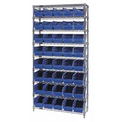 One-sided wire stationary bin shelving unit with 40 open-front polypropylene shelf bins in blue. Frame is steel with silver finish; each bin measures 6 in x 6-5/8 in x 17-7/8 in. Used for organizing small parts and components in industrial storage and assembly areas.