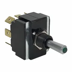 Panel-mount DPDT toggle switch with 8 connections and a 3-position On/Off/On function. Rated for 15 A at 125 V AC and 3/4 hp. Suitable for industrial control panels, machinery, and HVAC systems requiring a maintained 3-position switch.