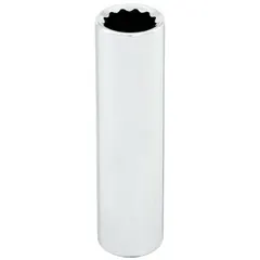 This 3/8" drive hand socket features a 12 mm socket size with a 12-point configuration and deep profile, constructed from chrome. It is used for tightening or loosening metric fasteners in automotive repair, machinery maintenance, and industrial assembly.