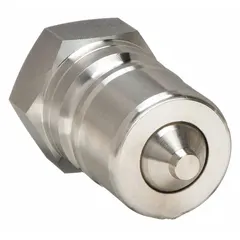 This ISO B Series hydraulic quick-connect coupling plug from PARKER is designed for quick connection and disconnection of hydraulic lines without tools. Constructed from 316 stainless steel with a fluorocarbon seal, it offers corrosion resistance and chemical compatibility. The 3/4"-14 female NPTF thread allows integration into fluid power systems. Typical applications include industrial hydraulic circuits requiring frequent line changes.