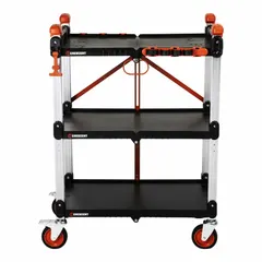 Convertible and fold-away utility cart with three black shelves, including two raised shelves. Measures 31 inches long by 20 inches wide. Equipped with two swivel casters for maneuverability. Designed for transporting loads up to 300 pounds in industrial, warehouse, and maintenance settings.