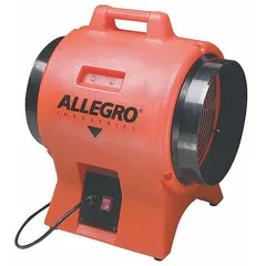 Axial fan for confined space ventilation, operating at 115 V AC with a 12-inch duct diameter. Powered by a 1 hp motor at 3,400 RPM, it is used to supply fresh air or exhaust fumes in tanks, vaults, and manholes.