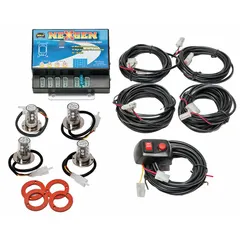 Red LED concealed mount warning light with 5 3/8 in overall width. Operates on 12-24V DC and offers 15 selectable flash patterns. Features adhesive mounting, wire leads, and includes a 16.4 ft cable with locking connectors. Suitable for discreet installation behind grilles or panels on emergency and fleet vehicles.