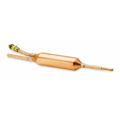 Copper shell filter drier for 2-ton refrigeration systems. Features a molecular sieve core to remove moisture, acids, and contaminants from HFC refrigerant circuits. Equipped with 1/4-inch sweat connections and an overall length of 8.5 inches. Suitable for use in commercial and industrial cooling applications to protect compressors and expansion valves.