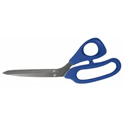 These offset plastic-handle scissors feature straight stainless steel blades and a 9-inch overall length. Designed for right-hand use, they are suited for general cutting tasks in industrial, maintenance, and workshop environments.