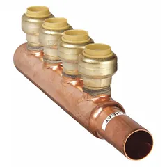 Copper branch manifold with push-fit connections for plumbing and heating systems. Features 1 inlet (3/4 in) and 4 outlets (1/2 in) to distribute water from a main supply to multiple branch lines. Overall height 2.52 in. Suitable for residential and light commercial applications.