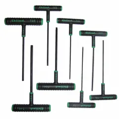 This 8-piece T-shaped key set includes Torx tip sizes T8, T10, T15, T20, T25, T27, T30, and T40 with standard ends. The set is stored in a pouch for organization. T-shaped handles provide increased torque for driving Torx fasteners in assembly, repair, and maintenance tasks.