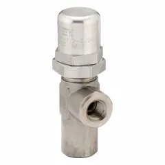 Stainless steel hard-seat pressure control valve with 1/2 in NPT connections and a maximum set pressure of 2,200 psi. Used in hydraulic systems to limit or regulate pressure in industrial machinery, mobile equipment, and process lines.