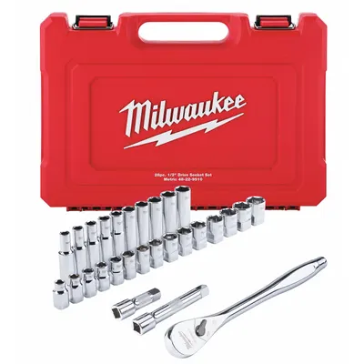 MILWAUKEE Socket Wrench Set: 1/2 in Drive, 28 Piece, 6-Point, Metric - Metric Socket Sets with Drive Tools