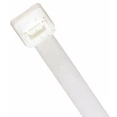 This all-purpose nylon cable tie is 27 1/2 inches long and 0.3 inches wide, with a nominal maximum bundle diameter of 8 inches. It is natural in color and comes in a 50-piece pack. Designed for indoor use, it is suitable for bundling and organizing wires, cables, and hoses in electrical panels, data centers, and maintenance applications.