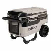 This 70-quart chest cooler holds up to 112 cans and provides up to 4 days of ice retention. It includes a drain plug for easy cleaning and wheels for convenient transport. Suitable for outdoor activities, job sites, and events requiring portable cold storage