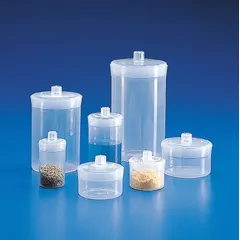 This polypropylene lab jar has a 0.7 fl oz capacity and a round shape with a 40 mm body diameter and 29 mm height. The translucent material allows visual inspection of contents. It includes a closure and is suitable for storing, mixing, or sampling small volumes of liquids or solids in laboratory settings.