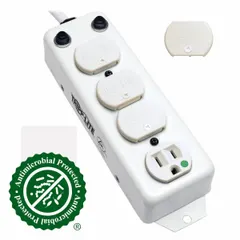 White healthcare surge protector outlet strip with 4 outlets, 15 ft cord, 15 A rating, and 5-15P plug. Complies with UL 1363A for patient care areas. Screw mounting style; width 2 1/2 in.