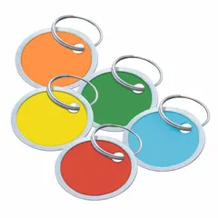 Round key tags in assorted colors, each with a blank paper label for custom marking. Made of metal alloy with paper insert. Supplied as a pack of 25. Suitable for organizing and identifying keys in facilities, maintenance shops, and warehouses.