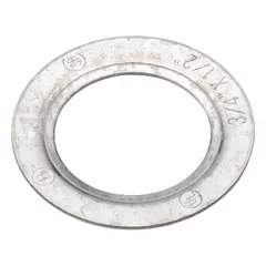 This steel reducing washer adapts a 3/4 in conduit opening to 1/2 in for electrical boxes and enclosures. It provides a secure transition when installing smaller conduit into a larger knockout, maintaining continuity in raceway systems. The silver finish offers corrosion resistance. Overall width is 1.5 in.