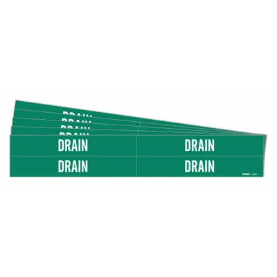BRADY Pipe Marker: Drain, Green, White, Fits 3/4 to 2 3/8 in Pipe O.D., 4 Pipe Markers - Drain Adhesive Pipe Markers