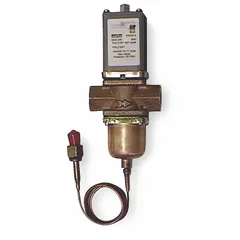 Two-way pressure-actuated water regulating valve with brass body. Adjustable pressure range from 70 psi to 260 psi, maximum flow capacity of 15 gpm. Used in HVAC, cooling, and process control systems to maintain downstream pressure.
