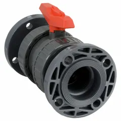 This PVC ball valve features a straight body, Class 150 flange connections, and a two-piece design with a tee handle. It is used for on/off flow control in piping systems handling water, chemicals, or corrosive fluids.