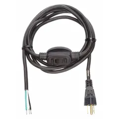 This general purpose power cord features an 8-foot length with a 5-15P plug and a bare wire receptacle for hardwiring. The cord is constructed with PVC and SJT jacket material, rated for 10 A current. It includes an on/off switch for convenient control of connected equipment.