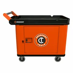 Preconfigured utility cart with two shelves and a raised design. Includes a single door lockable storage compartment. Overall dimensions: 37 in length, 23 in width, 23 in height. Black finish. Suitable for transporting and organizing tools, parts, and supplies in industrial facilities, warehouses, and workshops.