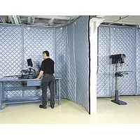 Track-mounted hanging acoustic curtain for noise control in industrial environments. Straight panel shape, 4 ft wide by 50 ft long, 1 in thick. Includes connectors for installation. Suitable for use in manufacturing plants, machine shops, and similar facilities