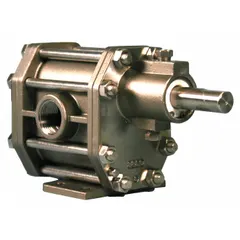 Pedestal-mount rotary gear pump with stainless steel body and 1-1/2" FNPT ports. Delivers 21.9 gpm. Designed for direct drive; does not include a relief valve. Used for transferring clean, non-abrasive fluids in industrial fluid handling systems.