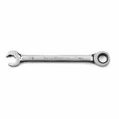 Steel chrome-finished SAE double-end 12-point ratcheting box end wrench with 1/2 in head size and 7 1/8 in overall length. Standard length design for tightening or loosening fasteners in confined spaces without repositioning.