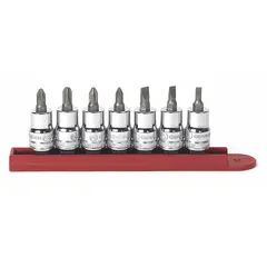 This 25-piece hex bit socket set includes 7 hex bit sockets with a 3/8 in drive and tip sizes ranging from 4 mm to #3. Designed for driving hex fasteners, it is suitable for use in automotive repair, machinery assembly, and general maintenance tasks.