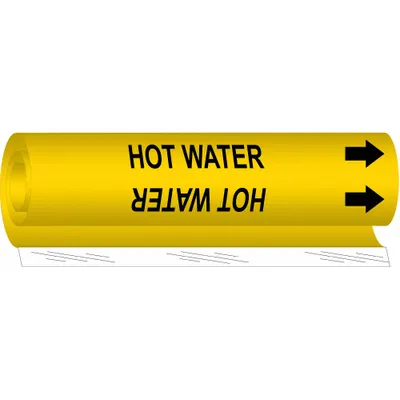 BRADY Pipe Marker: Hot Water, Yellow, Black, Fits 1 1/2 to 2 3/8 in Pipe O.D. - Hot Water Wrap-Around Pipe Markers