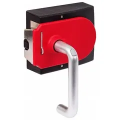 Locking gate box with integrated safety switch, featuring a lockout mechanism and lever lock. Designed for right rotation. Used in industrial safety interlocking systems to secure machine guards and access points.