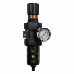 Zinc-bodied air filter/regulator with 1/2 in NPT ports, rated for 61 scfm flow, 40 micron filtration, and 125 psig maximum operating pressure. Includes nitrile seals and filter element. Used in compressed air systems to remove particulates and regulate pressure.