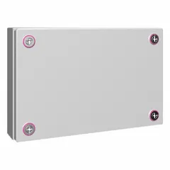 Steel enclosure with light gray finish, measuring 7 x 11 x 3 inches. Features a solid cover secured with a mini cam lock. Rated NEMA 1, 12, 3R, and 4 for indoor, outdoor, and washdown applications. Suitable for housing electrical controls, terminals, and instruments.