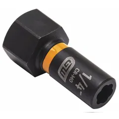 This 1/4" drive bolt extraction impact socket features a 7-point design for removing damaged or rounded-off fasteners. The black oxide finish provides corrosion resistance. It is not tether capable. Typical applications include automotive repair and industrial maintenance where damaged bolts need extraction.