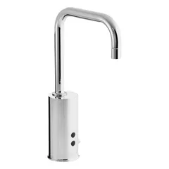 This single-post sensor faucet from the KOHLER Insight series features a brass construction with a chrome finish. It is hardwired for continuous power and delivers an aerated water stream. The faucet includes mounting hardware for installation. Typical applications include commercial restrooms where hands-free operation helps reduce cross-contamination and conserve water.