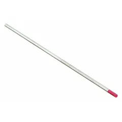 Thoriated tungsten electrode, AWS classification EWTh-2, color-coded red. Measures 3/32 in diameter by 7 in length. Suitable for AC/DC welding current. Commonly used for TIG welding on carbon steel, stainless steel, nickel alloys, and titanium.
