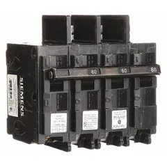 Three-pole miniature circuit breaker rated 60 A at 240V AC with shunt trip. Designed for overcurrent protection in electrical distribution systems where remote tripping is required. Suitable for use in panelboards and load centers.