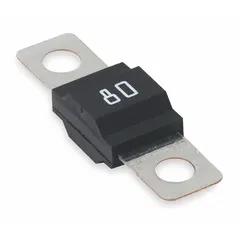 Two-hole bolt-on time-delay fuse rated 80 A at 32 V DC. Non-indicating design with bolt-on mounting for secure installation in high-current DC circuits. Typical applications include overcurrent protection in battery isolators, auxiliary power distribution, and heavy-duty vehicle electrical systems where time-delay prevents nuisance opening from inrush currents.