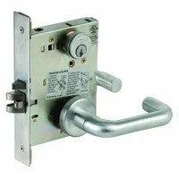 This SCHLAGE classroom lever lockset features a satin chromium-plated forged brass construction in a chrome finish. The L tubular style lockset is ANSI F05 function, allowing key-locking from outside and push-button locking inside, with a locked/unlocked visual indicator. Suitable for classroom doors requiring interior locking without leaving the room