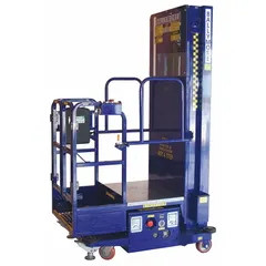 Battery-powered push-around vertical lift with a 14.7 ft elevated platform height and a 17 in x 29 in platform. Includes a battery charger. Used for elevated maintenance, installation, and inspection tasks in warehouses, factories, and commercial facilities.