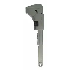 This monkey wrench features a smooth jaw and an I-Beam handle design. It is constructed from alloy steel. The wrench has an 11-inch overall length and a 3-inch jaw capacity. Suitable for turning pipes, fittings, and round objects in plumbing, maintenance, and industrial settings.