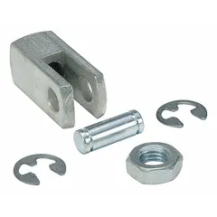 Steel clevis mount for connecting a piston rod to a mating component in pneumatic or hydraulic cylinder applications. Fits 3/4 in and 7/8 in bore diameters. Overall length 1 3/16 in.