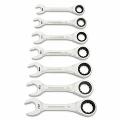 This 7-piece SAE 12-point ratcheting combination wrench set includes sizes from 3/8 in to 3/4 in. Constructed of alloy steel with a full polish chrome finish, the wrenches feature a ratcheting mechanism for faster fastener turning without repositioning. Suitable for tightening and loosening fasteners in automotive, machinery, and general assembly applications.