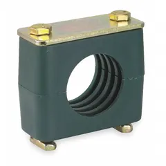 Steel clamp with polypropylene cushion for securing a single tubing or piping line. The textured core provides vibration dampening and grip. Used in industrial fluid and pneumatic systems to reduce noise and wear.